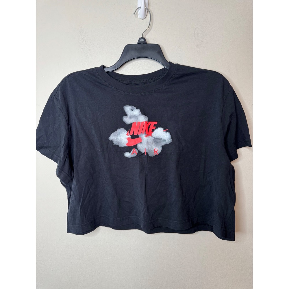 Nike Air Women XL Black Cloud Graphic Crop Top Short Sleeve Cotton Tee Red Logo